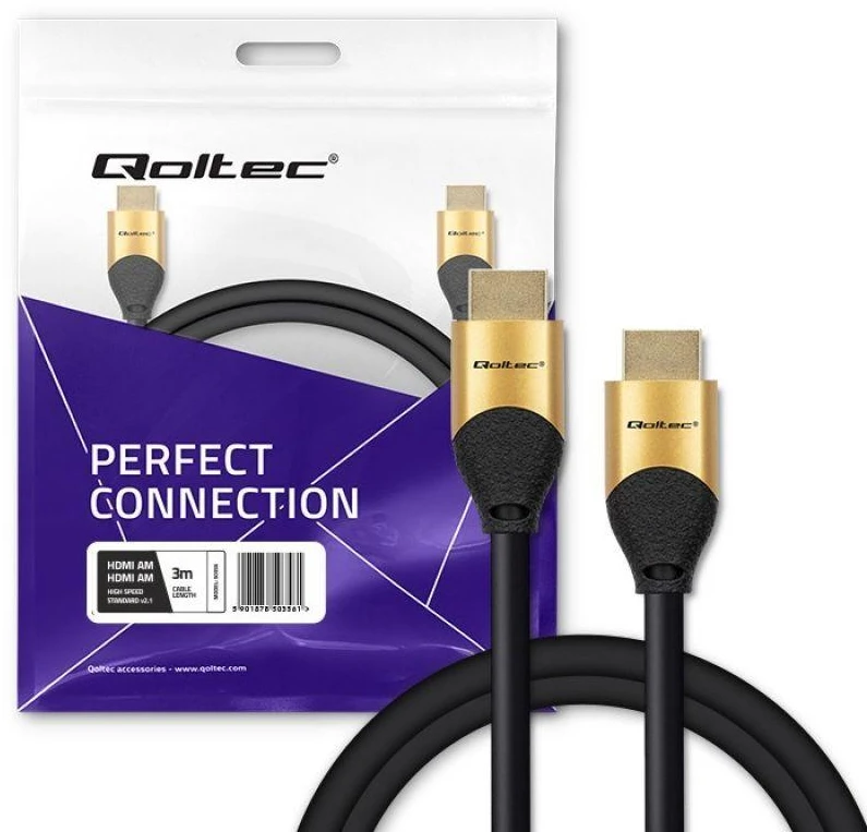 Qoltec 50356 HDMI kabelis 3 m HDMI A tipo (standartinis) 3 x HDMI A tipo (standartinis) Juodas, auksinis