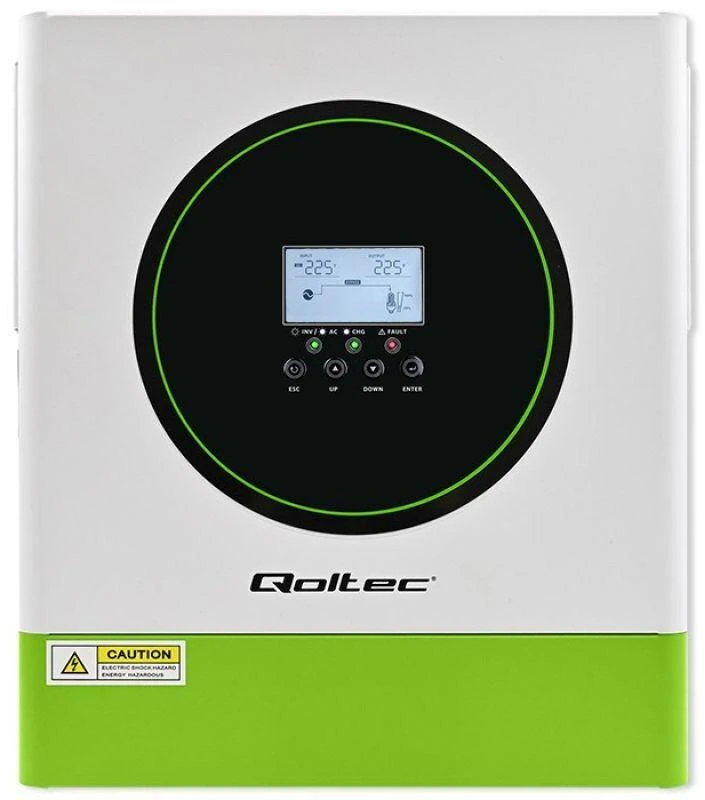 Qoltec 53865 Hibridinis saulės inverteris, neprisijungęs prie tinklo, 3500 W | 100 A | 24 V | MPPT | BMS | „Wi-Fi“ parinktis | Sinusinis | Galios koeficientas 1,0