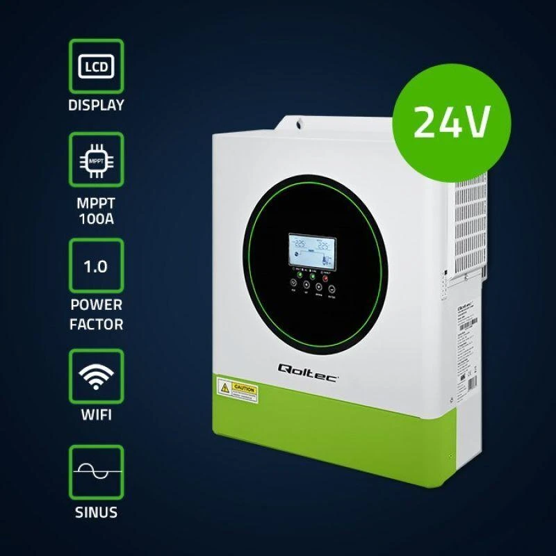 Qoltec 53865 Hibridinis saulės inverteris, neprisijungęs prie tinklo, 3500 W | 100 A | 24 V | MPPT | BMS | „Wi-Fi“ parinktis | Sinusinis | Galios koeficientas 1,0