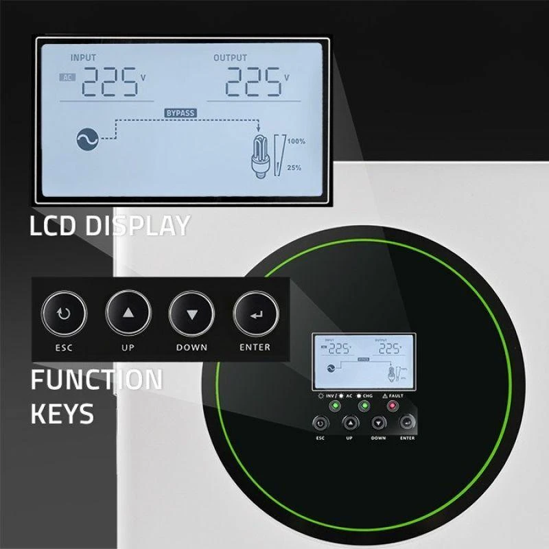 Qoltec 53865 Hibridinis saulės inverteris, neprisijungęs prie tinklo, 3500 W | 100 A | 24 V | MPPT | BMS | „Wi-Fi“ parinktis | Sinusinis | Galios koeficientas 1,0