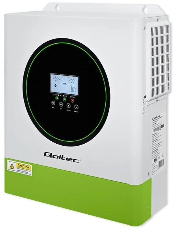 Qoltec 53865 Hibridinis saulės inverteris, neprisijungęs prie tinklo, 3500 W | 100 A | 24 V | MPPT | BMS | „Wi-Fi“ parinktis | Sinusinis | Galios koeficientas 1,0