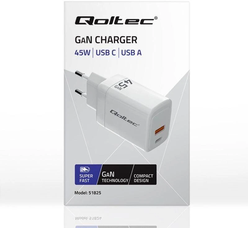 Adapteris Įkroviklis maitinimo 45W gan 5-20V 1.5-3A 1 x usb-c pd usb qc 3.0 baltas Qoltec