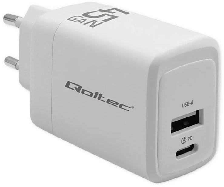 Adapteris Įkroviklis maitinimo 45W gan 5-20V 1.5-3A 1 x usb-c pd usb qc 3.0 baltas Qoltec