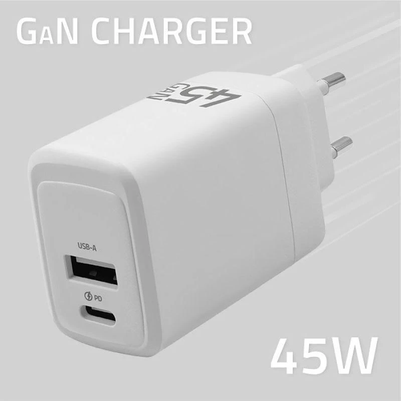 Adapteris Įkroviklis maitinimo 45W gan 5-20V 1.5-3A 1 x usb-c pd usb qc 3.0 baltas Qoltec