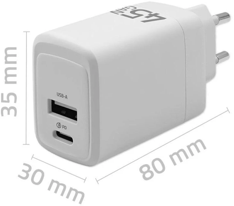 Adapteris Įkroviklis maitinimo 45W gan 5-20V 1.5-3A 1 x usb-c pd usb qc 3.0 baltas Qoltec