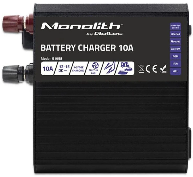 QOLTEC 51958 Smart Monolith įkroviklis LiFePO4 AGM GEL SLA akumuliatoriams / 10A / 12V