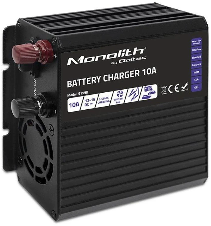QOLTEC 51958 Smart Monolith įkroviklis LiFePO4 AGM GEL SLA akumuliatoriams / 10A / 12V