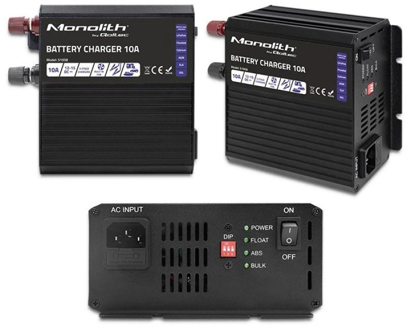 QOLTEC 51958 Smart Monolith įkroviklis LiFePO4 AGM GEL SLA akumuliatoriams / 10A / 12V
