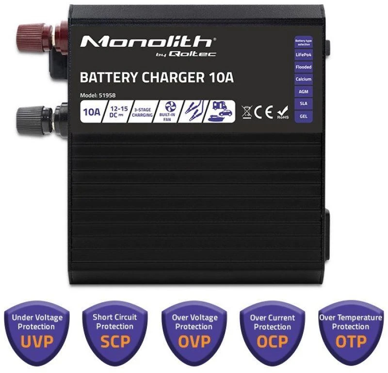 QOLTEC 51958 Smart Monolith įkroviklis LiFePO4 AGM GEL SLA akumuliatoriams / 10A / 12V