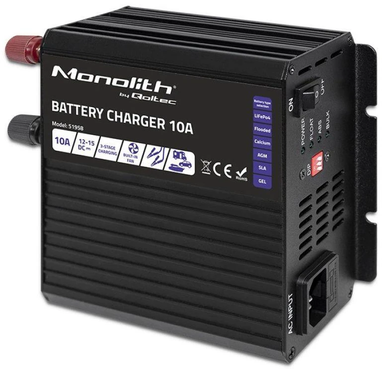 QOLTEC 51958 Smart Monolith įkroviklis LiFePO4 AGM GEL SLA akumuliatoriams / 10A / 12V