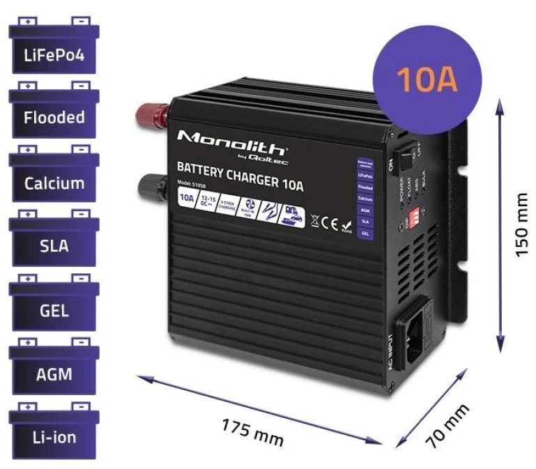 QOLTEC 51958 Smart Monolith įkroviklis LiFePO4 AGM GEL SLA akumuliatoriams / 10A / 12V