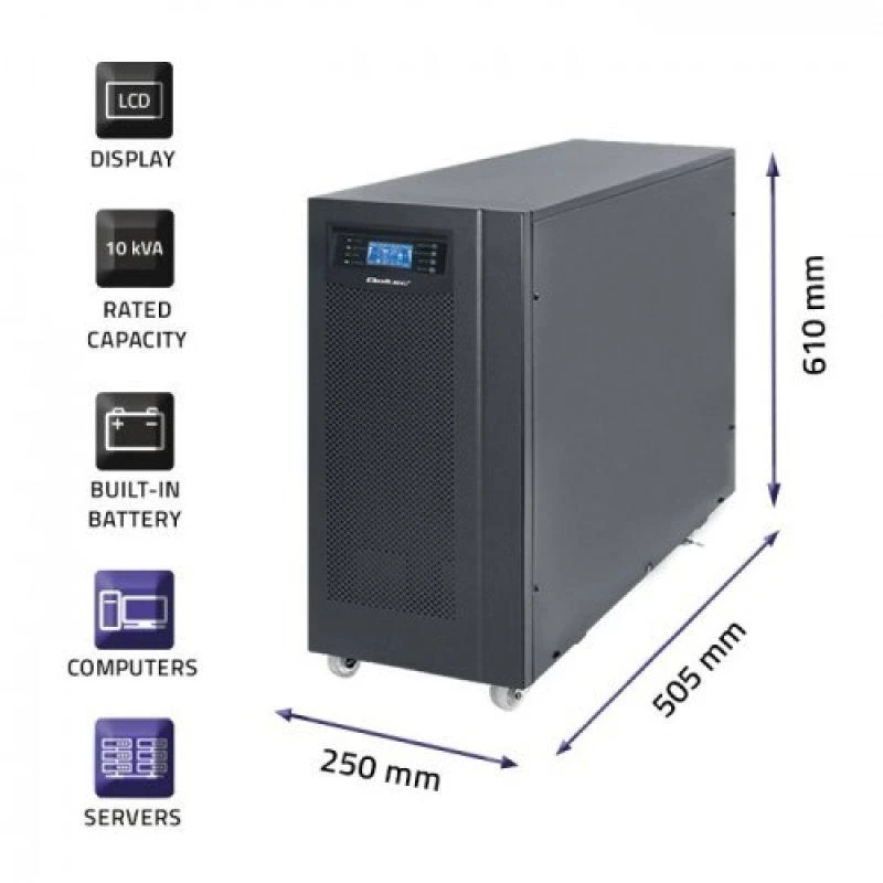 QOLTEC 53044 Qoltec Nepertraukiamas maitinimo šaltinis On-line 10KVA 8kW LCD USB