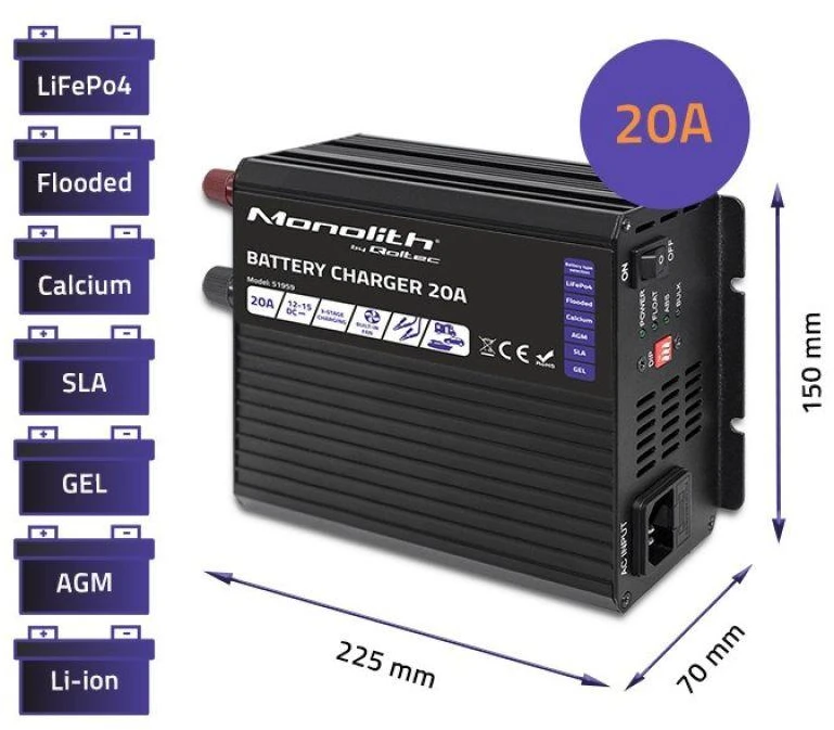 QOLTEC 51959 Smart Monolith įkroviklis LiFePO4 AGM GEL SLA akumuliatoriams / 20A / 12V