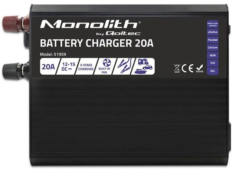 QOLTEC 51959 Smart Monolith įkroviklis LiFePO4 AGM GEL SLA akumuliatoriams / 20A / 12V
