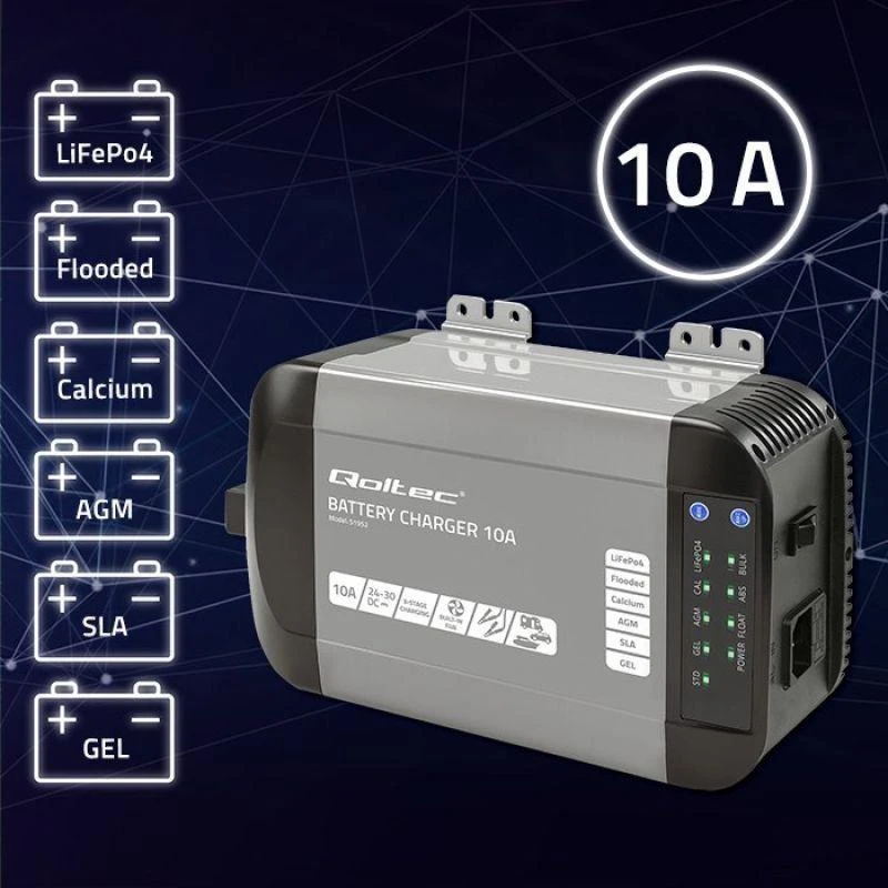Qoltec 51952 Išmanusis „Monolith“ įkroviklis LiFePO4 AGM GEL SLA akumuliatoriams | 10A | 24V