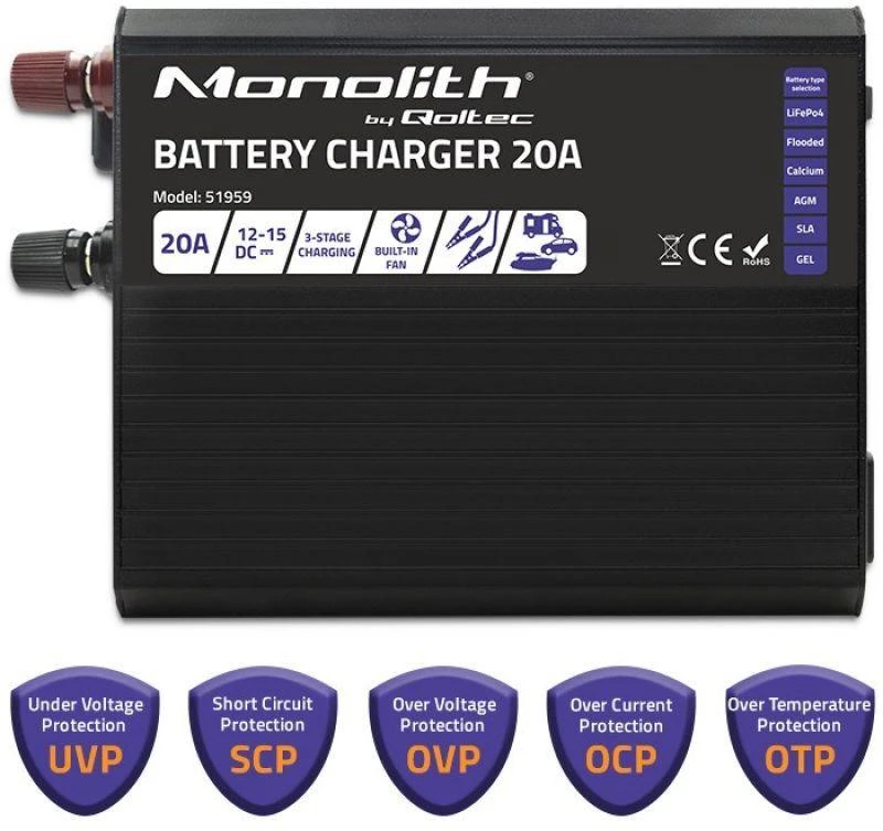 QOLTEC 51959 Smart Monolith įkroviklis LiFePO4 AGM GEL SLA akumuliatoriams / 20A / 12V