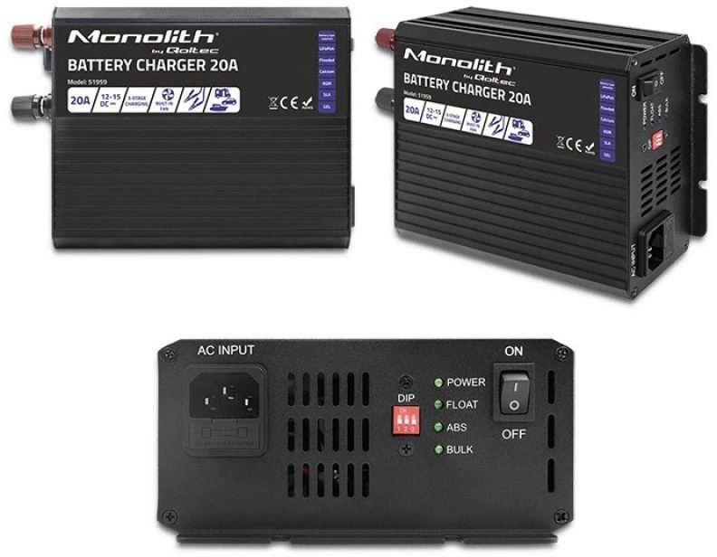 QOLTEC 51959 Smart Monolith įkroviklis LiFePO4 AGM GEL SLA akumuliatoriams / 20A / 12V
