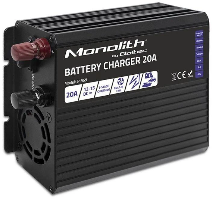 QOLTEC 51959 Smart Monolith įkroviklis LiFePO4 AGM GEL SLA akumuliatoriams / 20A / 12V