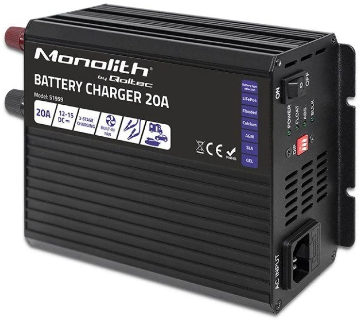 QOLTEC 51959 Smart Monolith įkroviklis LiFePO4 AGM GEL SLA akumuliatoriams / 20A / 12V