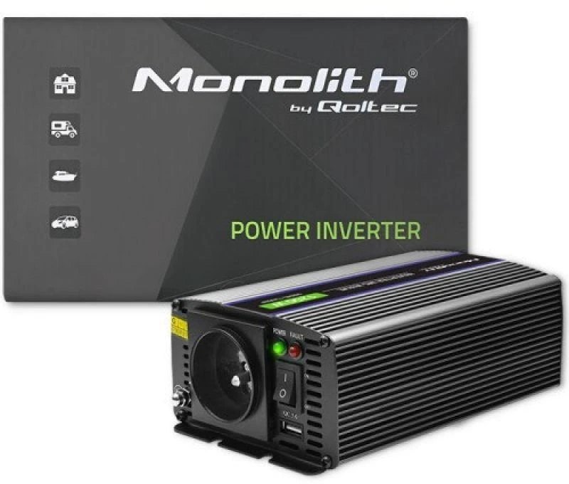 QOLTEC 51925 Monolitinis įtampos keitiklis 1200 MS Wave / 12V iki 230V / 600/1200W / USB