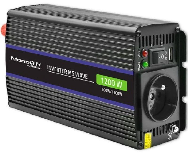 QOLTEC 51925 Monolitinis įtampos keitiklis 1200 MS Wave / 12V iki 230V / 600/1200W / USB