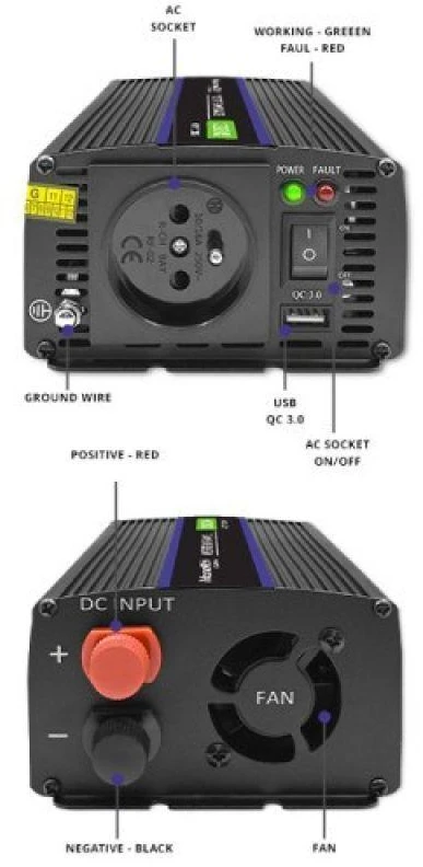 QOLTEC 51925 Monolitinis įtampos keitiklis 1200 MS Wave / 12V iki 230V / 600/1200W / USB