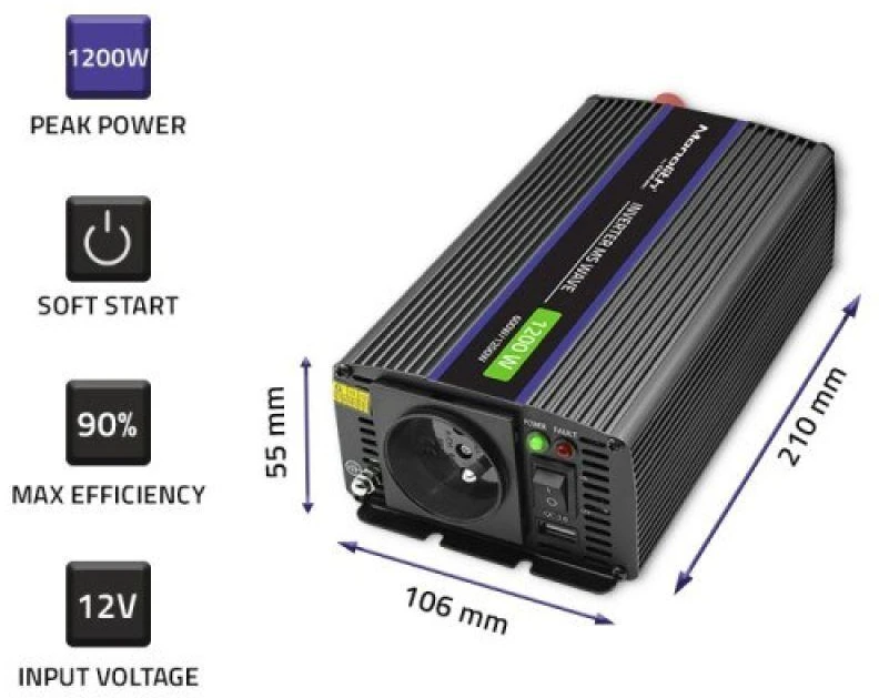 QOLTEC 51925 Monolitinis įtampos keitiklis 1200 MS Wave / 12V iki 230V / 600/1200W / USB