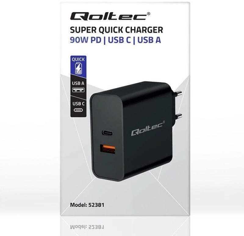 Įkroviklis - Qoltec 52381 90W PD 1xUSB-C 1xUSB Juodas