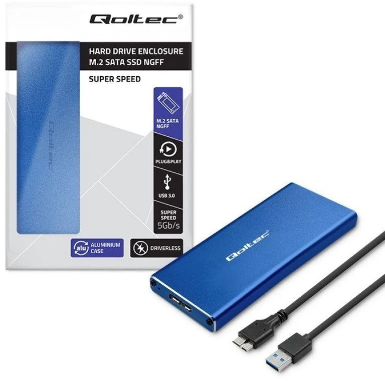 Qoltec 51832 Korpusas | M.2 SSD diskas | SATA | NGFF| USB 3.0 | Super greitis 5Gb/s | 2TB | Mėlyna