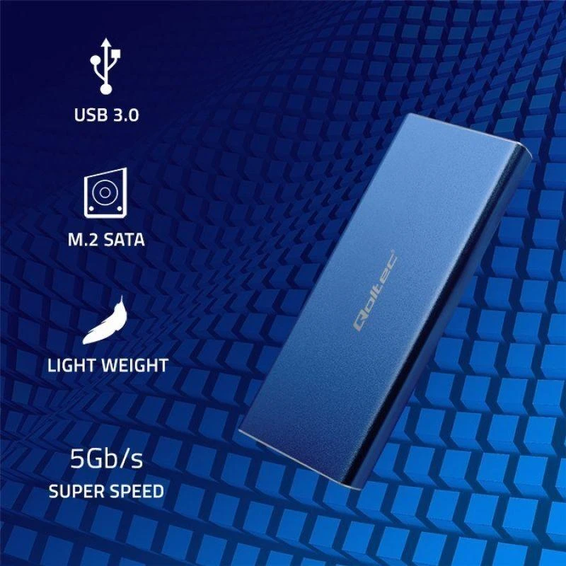 Qoltec 51832 Korpusas | M.2 SSD diskas | SATA | NGFF| USB 3.0 | Super greitis 5Gb/s | 2TB | Mėlyna