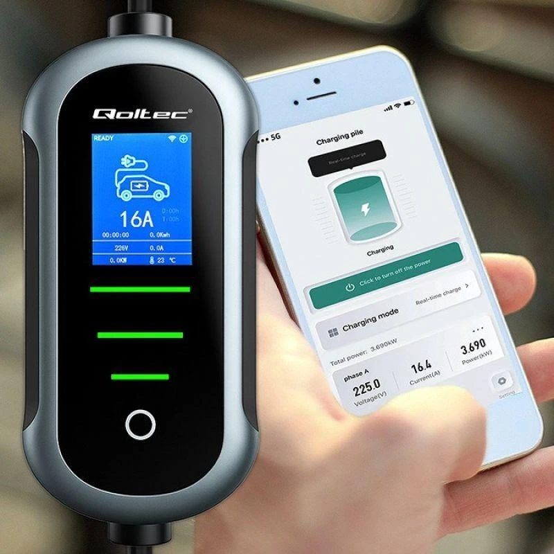 „Qoltec 2in1 Type2“ | 3,5 kW | 230 V | „Wi-Fi“ | „TUYA“ | „SMART LIFE“ | LCD | Nešiojamas | 5 m