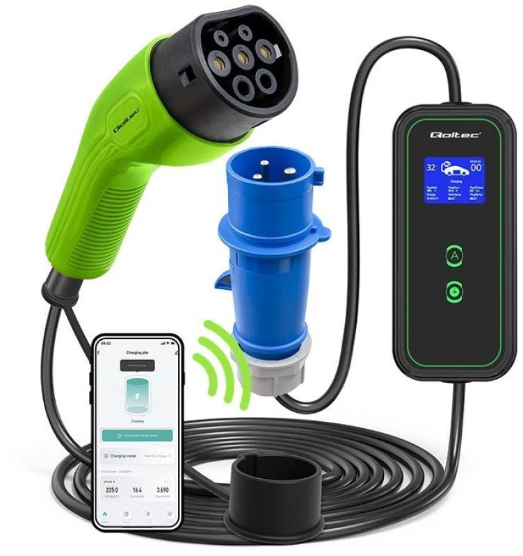 Qoltec mobilusis elektromobilių įkroviklis su 2 viename, 2 tipo reguliavimu | 7kW | 230V | CEE 3 kontaktų | „Wi-Fi“ | LCD | nešiojamas | sieninis įkroviklis | 5 m
