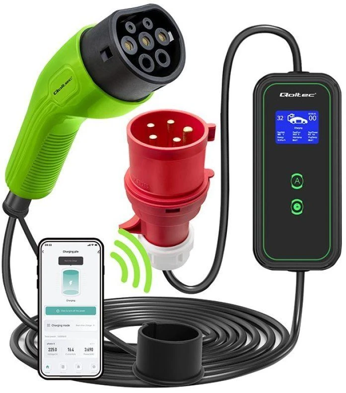 Qoltec mobilusis elektromobilių įkroviklis su 2 viename, 2 tipo reguliavimu | 7kW | 230V | CEE 3 kontaktų | „Wi-Fi“ | LCD | nešiojamas | sieninis įkroviklis | 5 m