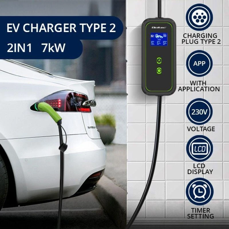 Qoltec mobilusis elektromobilių įkroviklis su 2 viename, 2 tipo reguliavimu | 7kW | 230V | CEE 3 kontaktų | „Wi-Fi“ | LCD | nešiojamas | sieninis įkroviklis | 5 m