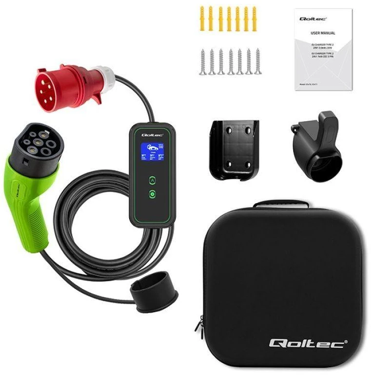 Nešiojamas reguliuojamas elektromobilių įkroviklis Qoltec 2in1 Type2 | 11kW | CEE 5 PIN | LCD | 3 fazių | Sieninė dėžutė | 5 m