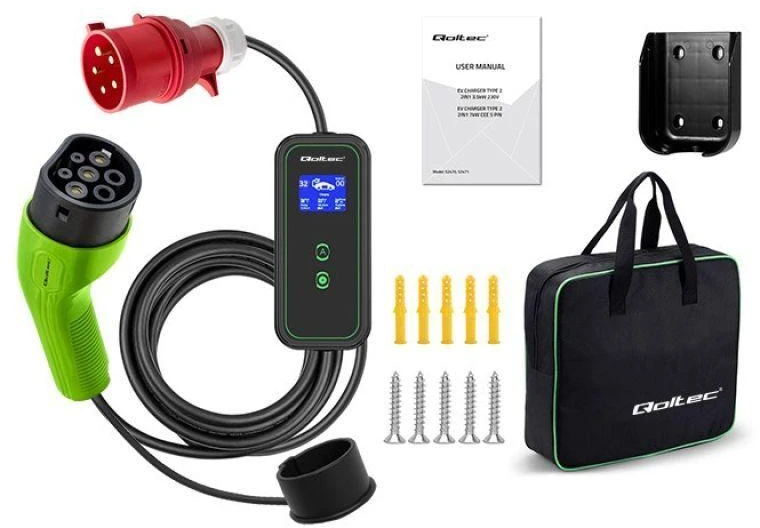 Nešiojamas elektromobilio įkroviklis Qoltec Mobile Charger for EV2in1 type2 | 7 kW | 230 V | CEE 32 A | LCD | 5 m