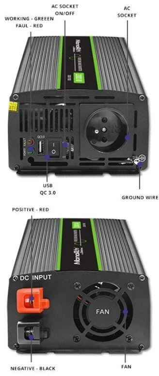 QOLTEC 51926 Monolitinis įtampos keitiklis 2000 MS Wave / 12V iki 230V / 1000/2000W / USB