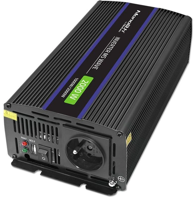 QOLTEC 51926 Monolitinis įtampos keitiklis 2000 MS Wave / 12V iki 230V / 1000/2000W / USB