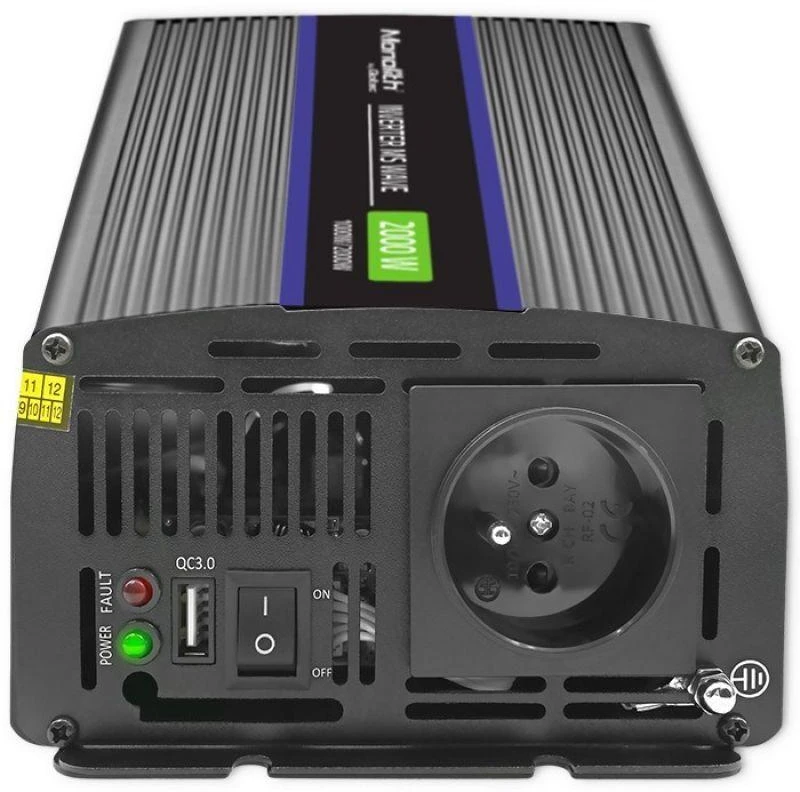 QOLTEC 51926 Monolitinis įtampos keitiklis 2000 MS Wave / 12V iki 230V / 1000/2000W / USB