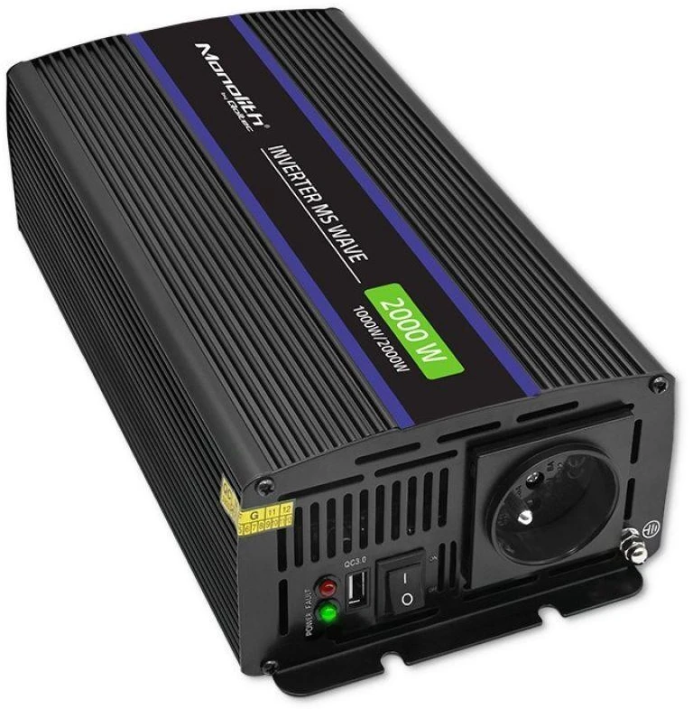 QOLTEC 51926 Monolitinis įtampos keitiklis 2000 MS Wave / 12V iki 230V / 1000/2000W / USB