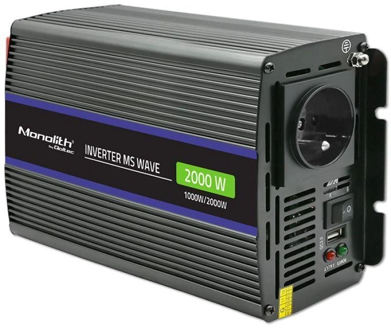 QOLTEC 51926 Monolitinis įtampos keitiklis 2000 MS Wave / 12V iki 230V / 1000/2000W / USB