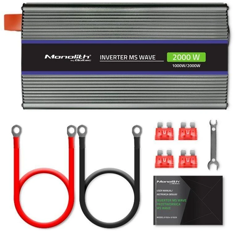 QOLTEC 51926 Monolitinis įtampos keitiklis 2000 MS Wave / 12V iki 230V / 1000/2000W / USB
