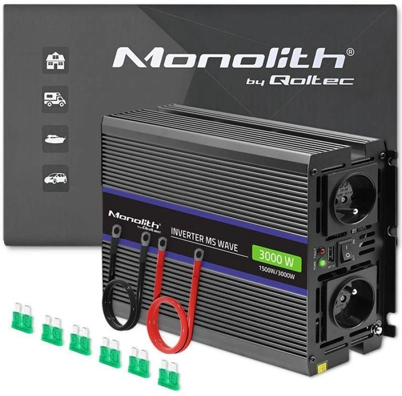 QOLTEC 51927 Monolitinis įtampos keitiklis 3000 MS Wave / 12V iki 230V / 1500/3000 / USB