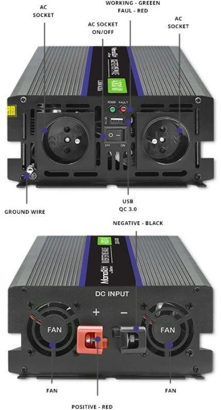 QOLTEC 51928 Monolitinis įtampos keitiklis 4000 MS Wave / 12V iki 230V / 2000/4000W / USB