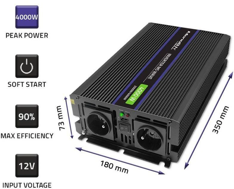 QOLTEC 51928 Monolitinis įtampos keitiklis 4000 MS Wave / 12V iki 230V / 2000/4000W / USB