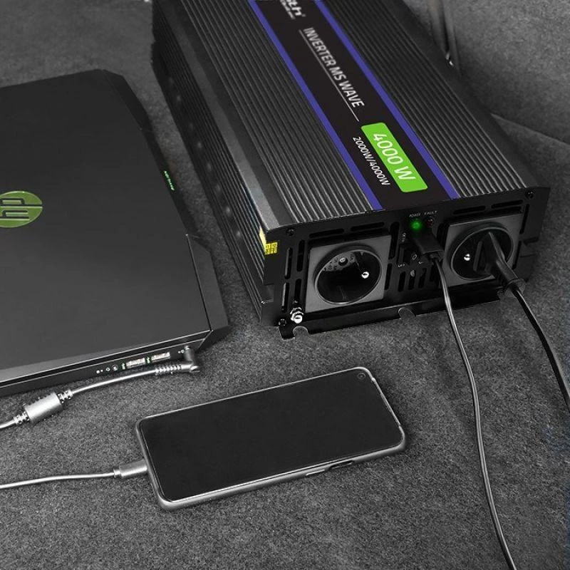 QOLTEC 51928 Monolitinis įtampos keitiklis 4000 MS Wave / 12V iki 230V / 2000/4000W / USB