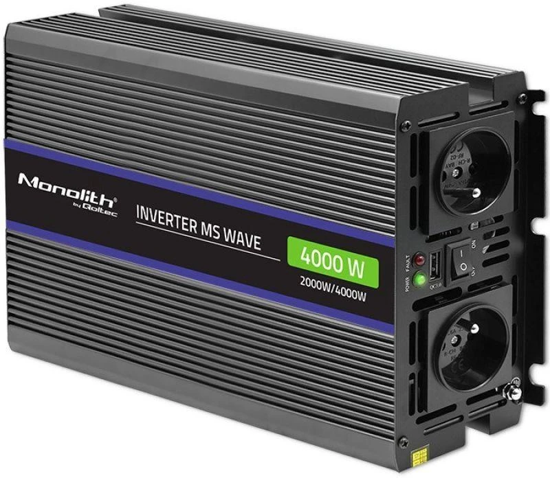 QOLTEC 51928 Monolitinis įtampos keitiklis 4000 MS Wave / 12V iki 230V / 2000/4000W / USB