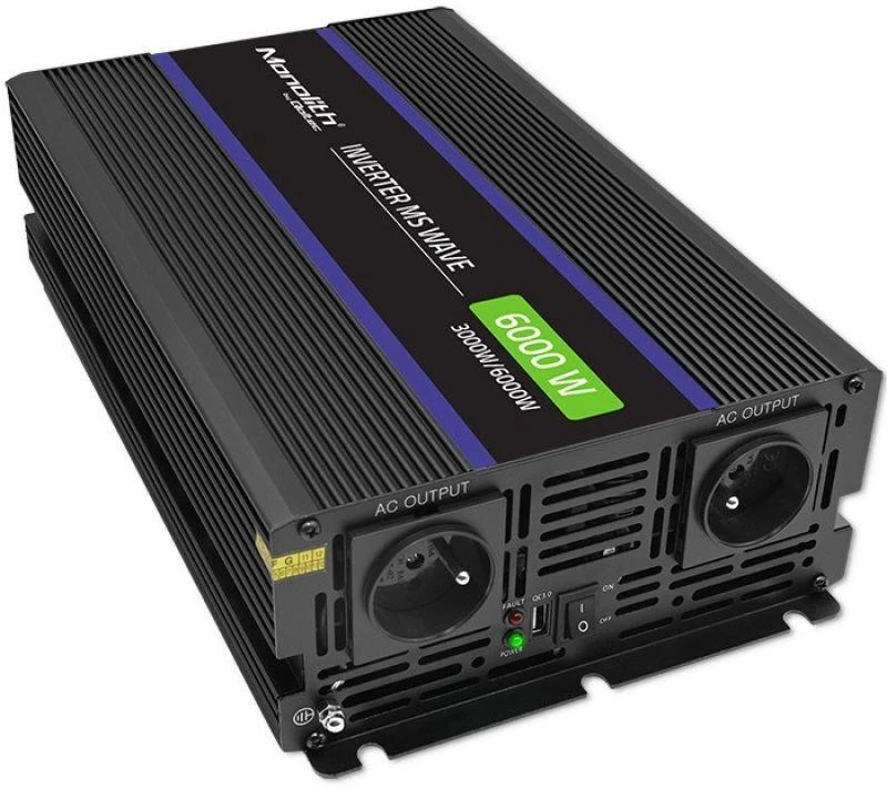 QOLTEC 51929 Monolitinis įtampos keitiklis 6000 MS Wave / 12V iki 230V / 3000/6000W / USB