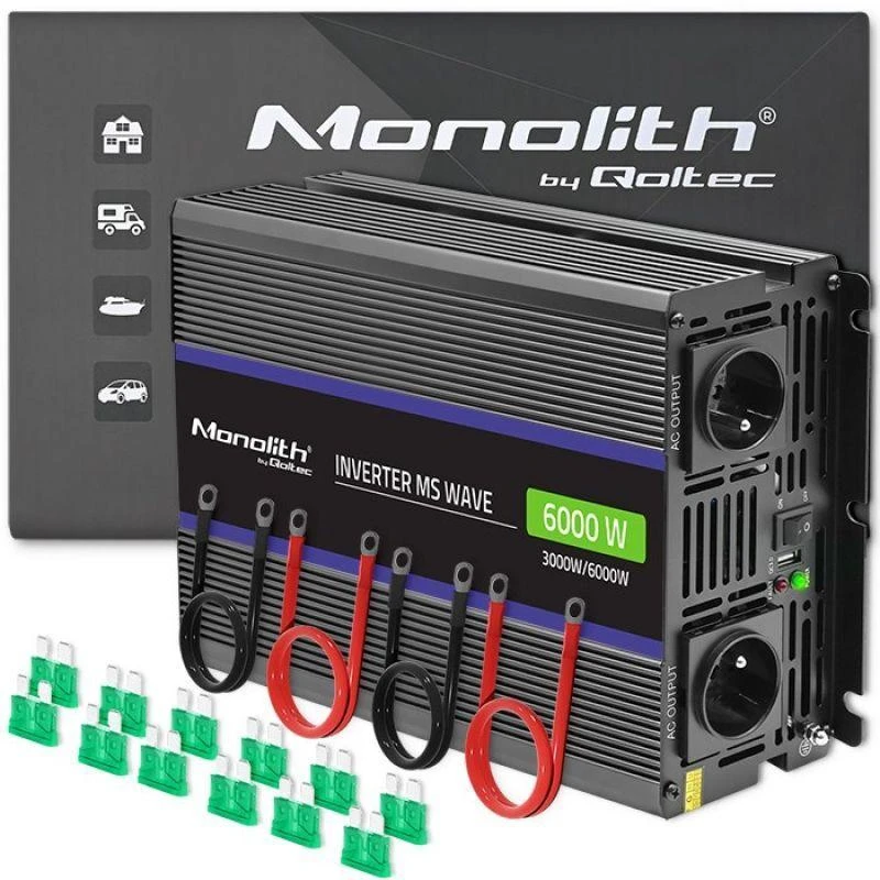 QOLTEC 51929 Monolitinis įtampos keitiklis 6000 MS Wave / 12V iki 230V / 3000/6000W / USB