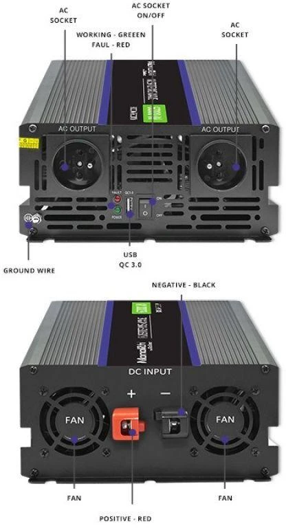 QOLTEC 51929 Monolitinis įtampos keitiklis 6000 MS Wave / 12V iki 230V / 3000/6000W / USB